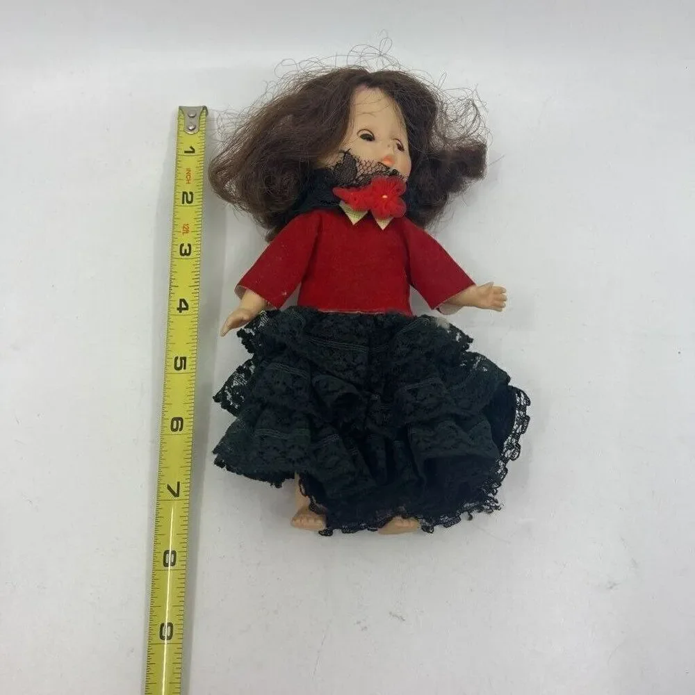 Vintage Spanish Dancer Girl Doll Light Brown Hair Red Black Lace‎ Ruffle Dress
